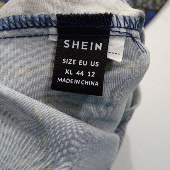 Shein Patchwork Denim Print Cold Shoulder V-neck Top Women Size XL US Size 12 - Picture 4 of 7